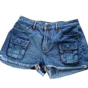 Seven7 Shorts Denim Jean Cargo Rolled Hem High Rise Size 26 Distressed